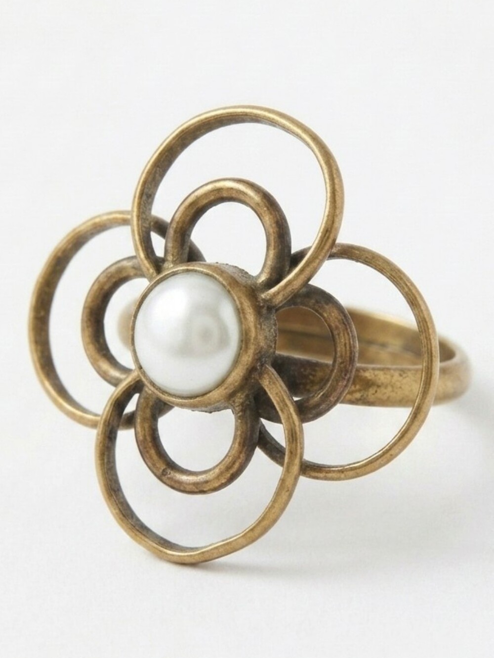Vintage Antique Brass Pearl Flower Ring Dainty Boho Adjustable Cocktail Ring - Picture 1 of 10